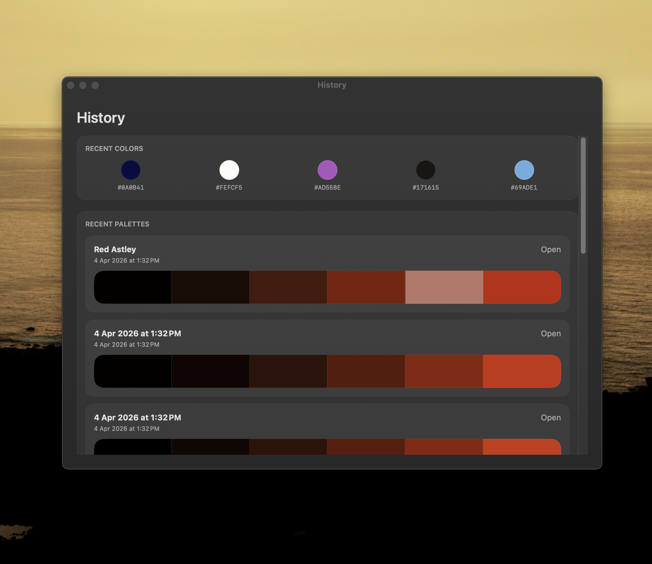 Color history showing captured colors
