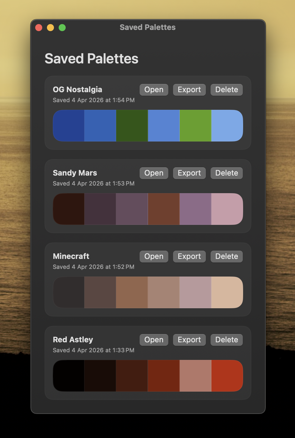 Saved palettes showing color collections